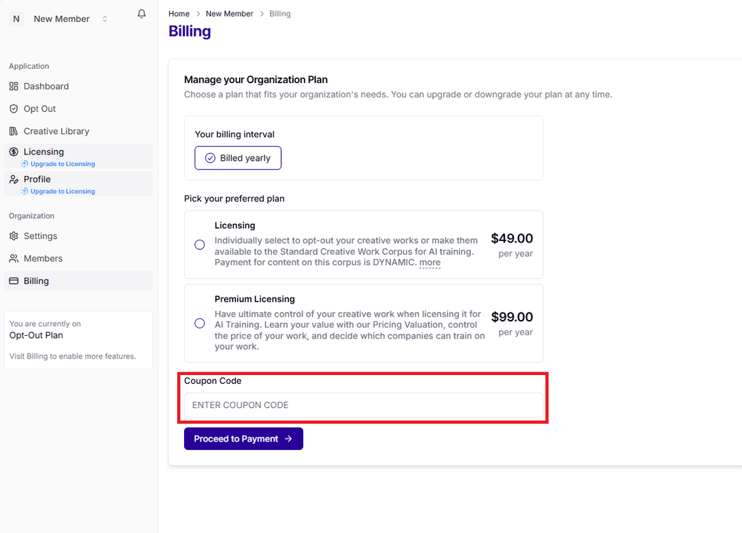 Billing page showing Licensing selection
